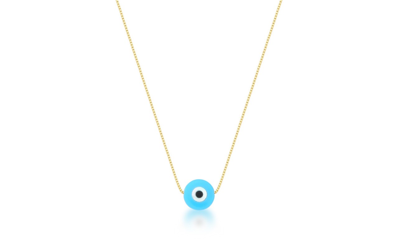 Colar Olho Grego Madrepérola Azul Claro Banho de Ouro 18k.