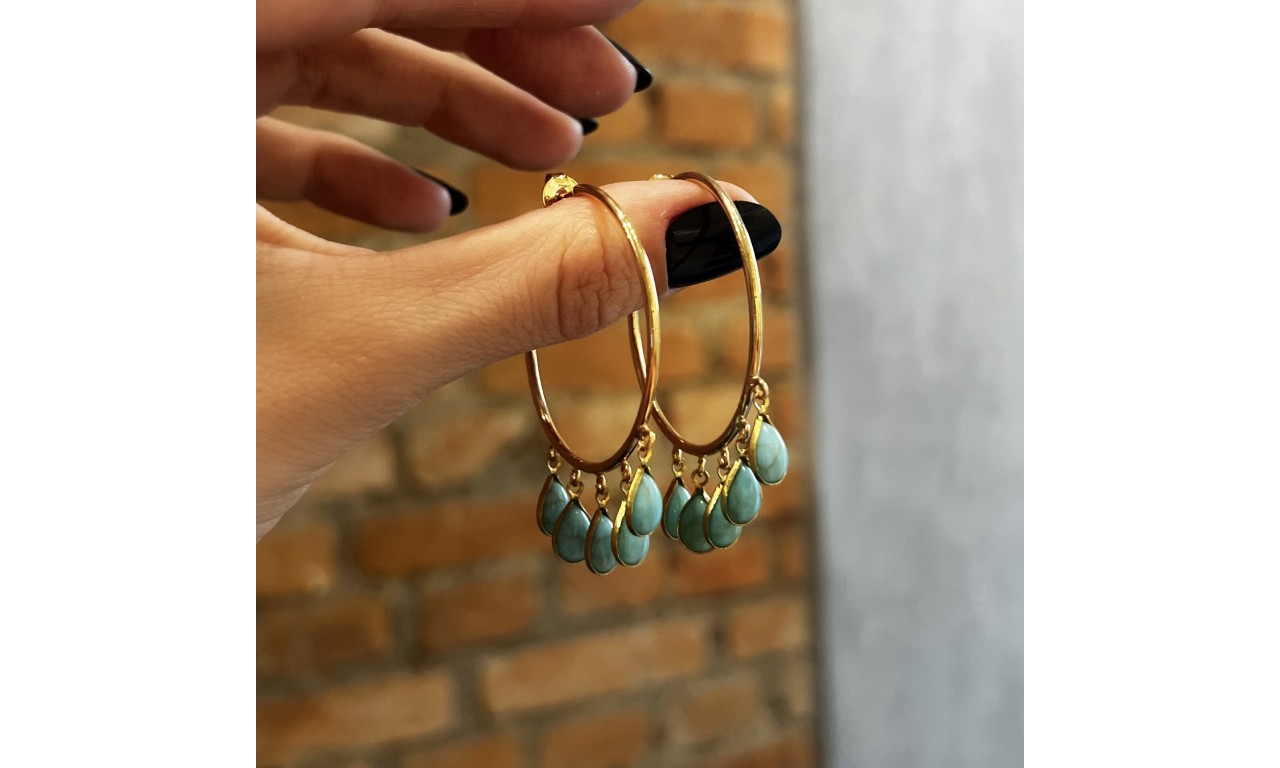 Brinco Turquesa Argola Banho de Ouro 18K