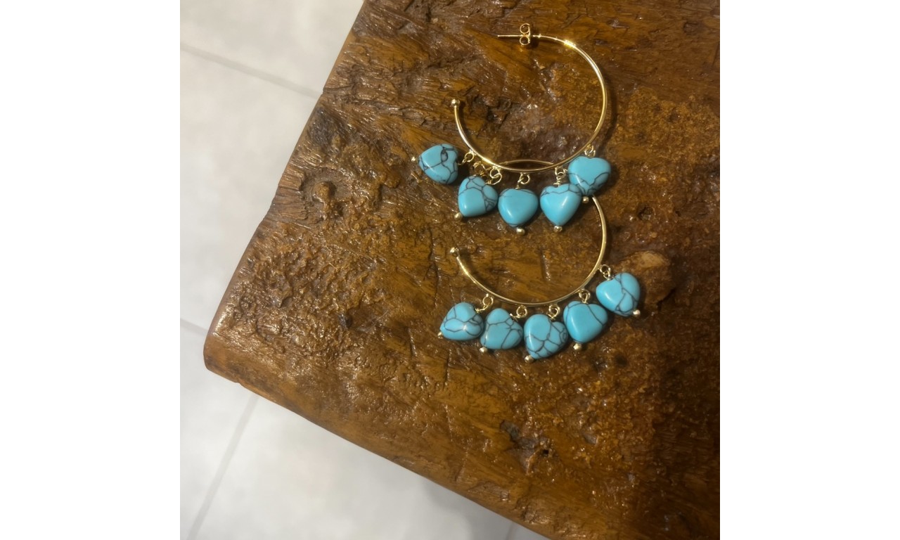 Brinco Turquesa Corações Argola Banho de Ouro 18K